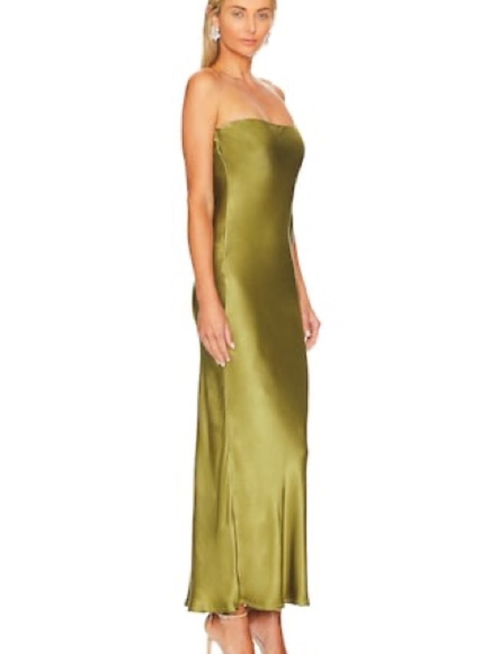 SNDYS. x REVOLVE Chartreuse Green Strapless Satin Column Shift Sheath Dress Sz 6 - Picture 2 of 11